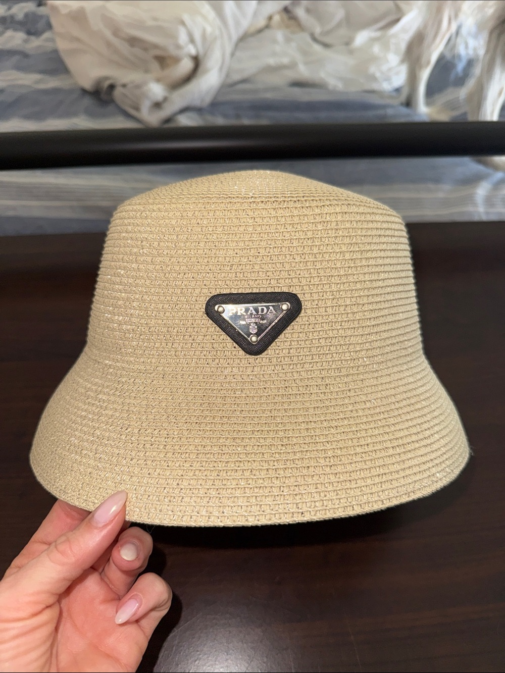 Prada Beige Woven Bucket Hat with Triangle Logo